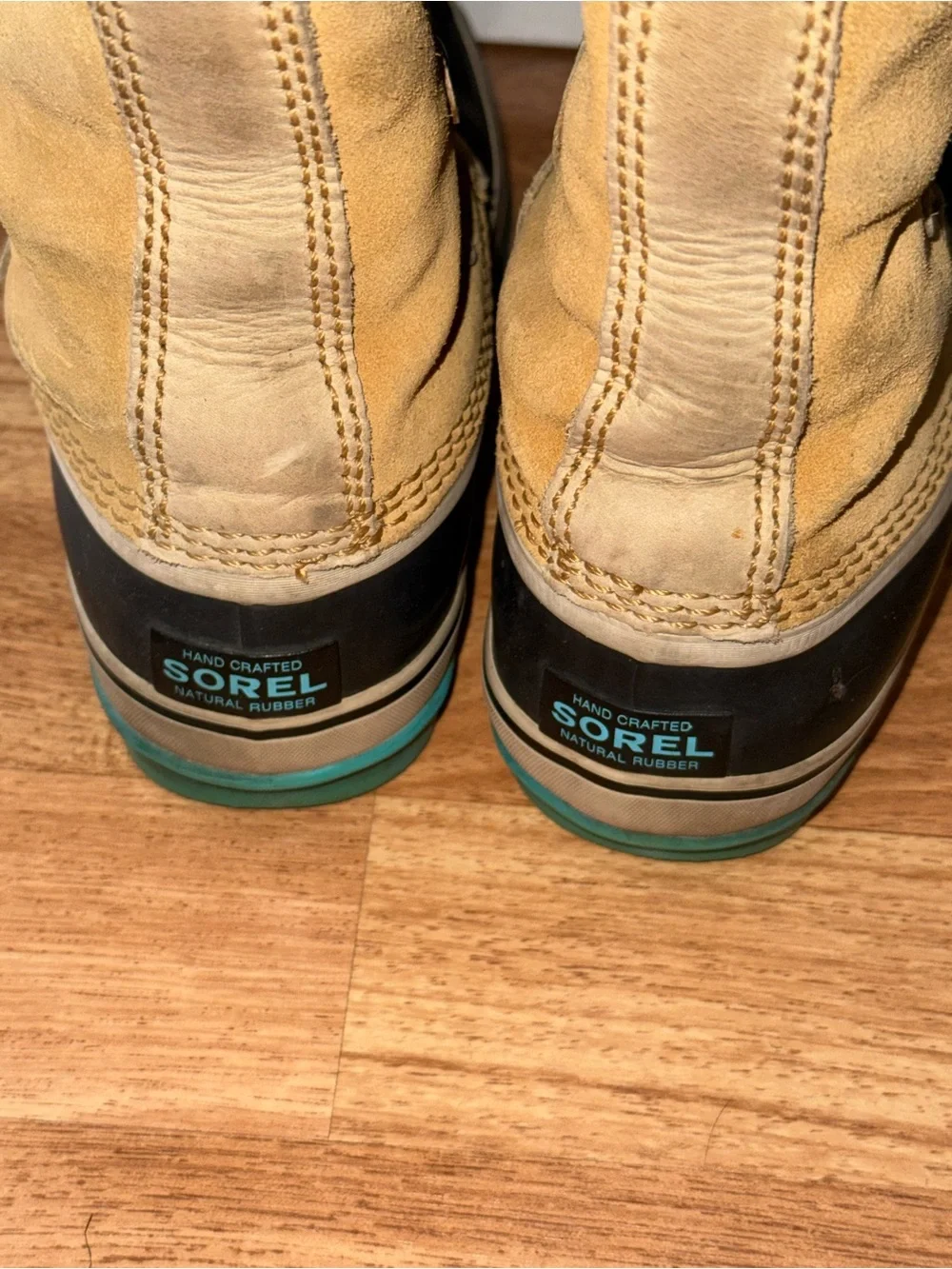 Sorel Tan & Black Winter Boots with Teal Laces and Faux Fur Cuff